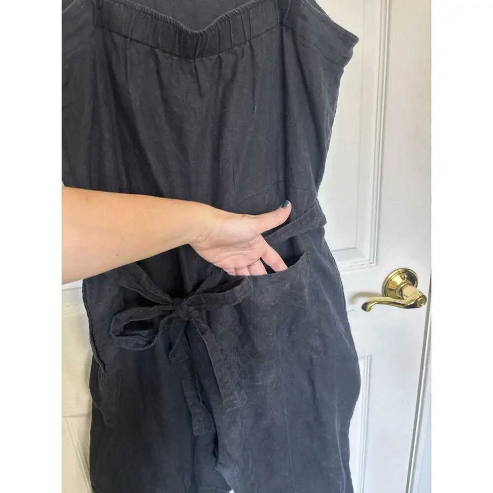 Quince 100% European Linen Square Neck Black Jumpsuit L Belt Pockets Sustainable
